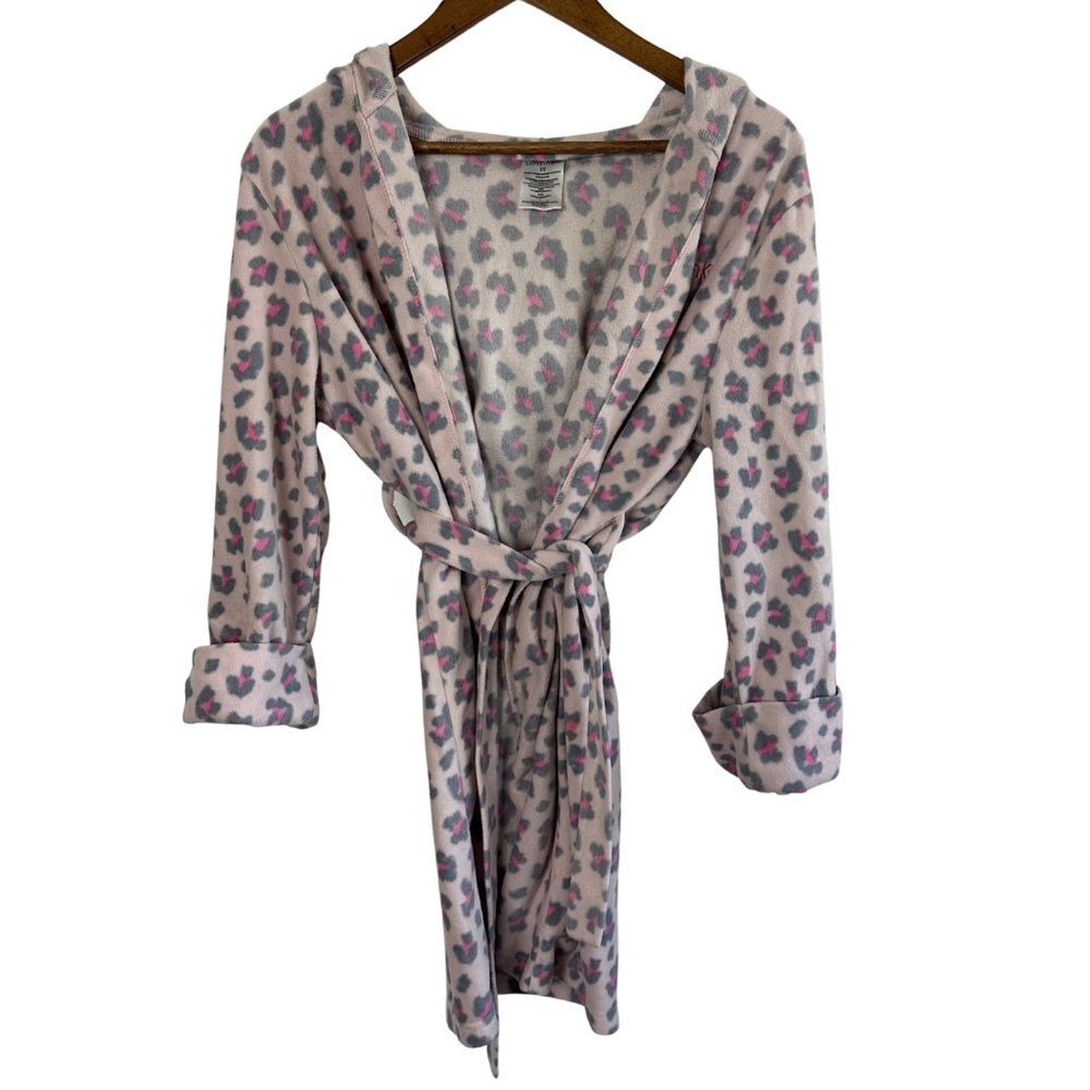 Calvin Klein Soft Pink Leopard Print Hood Belt Bath Robe Girls Size Large 10/12